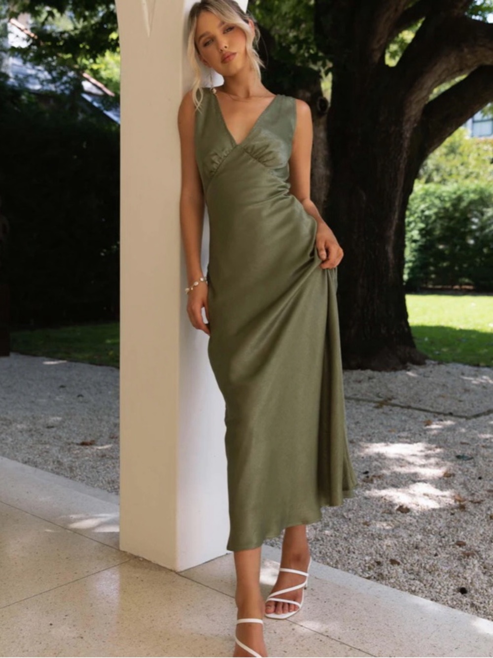 Peppermayo Olive Green Satin Midi Dress